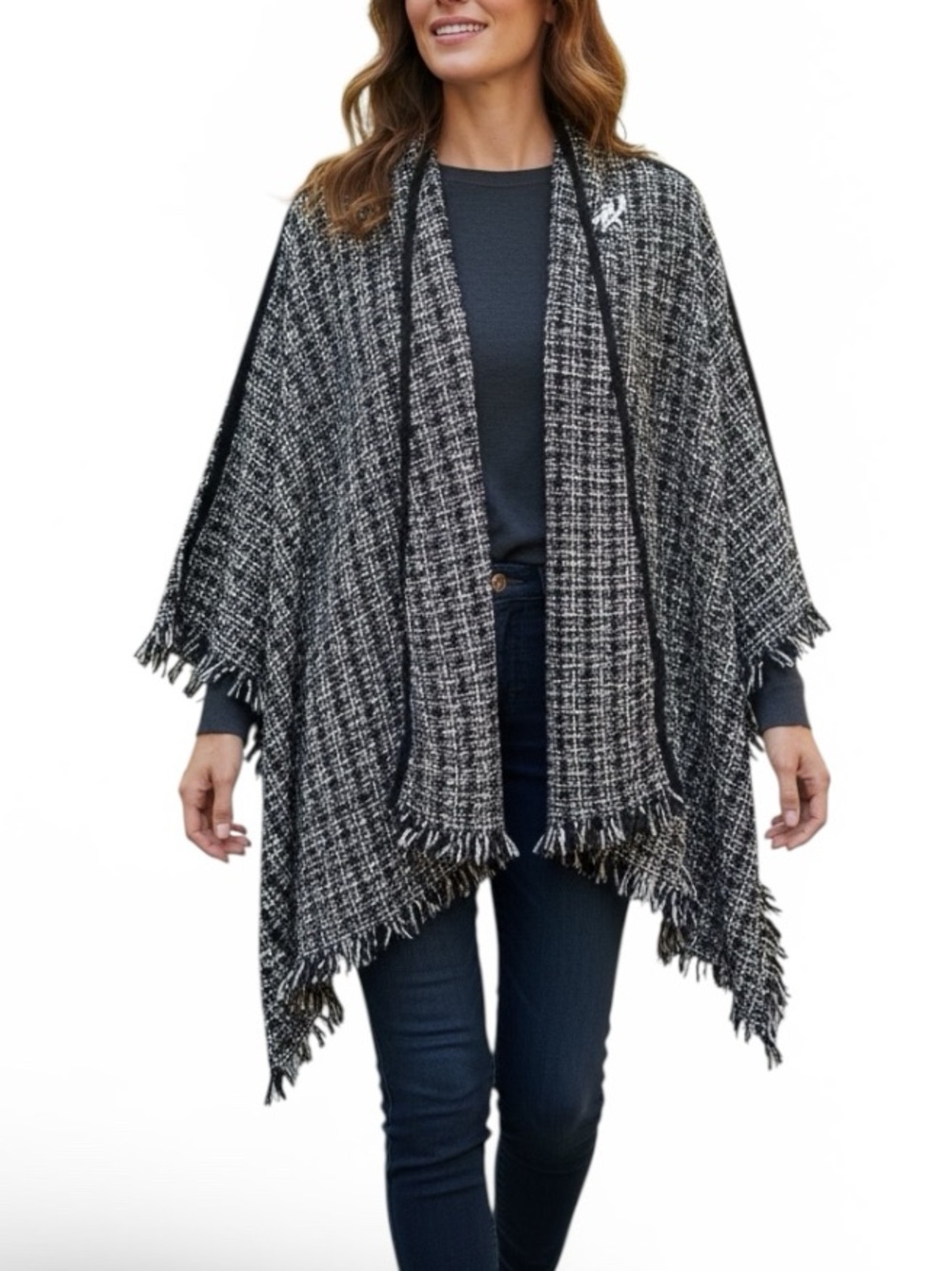 Karl Lagerfeld Black and White Bouclé Fringe Poncho